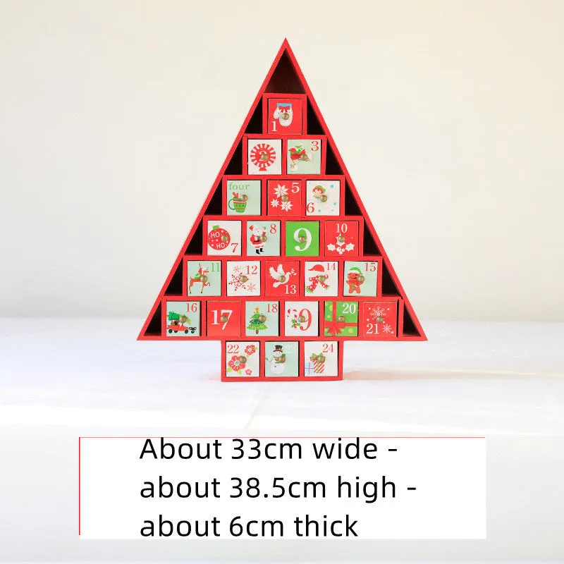 Wooden Christmas calendar with 24 red and green compartments for advent countdown, 37x32x6 cm