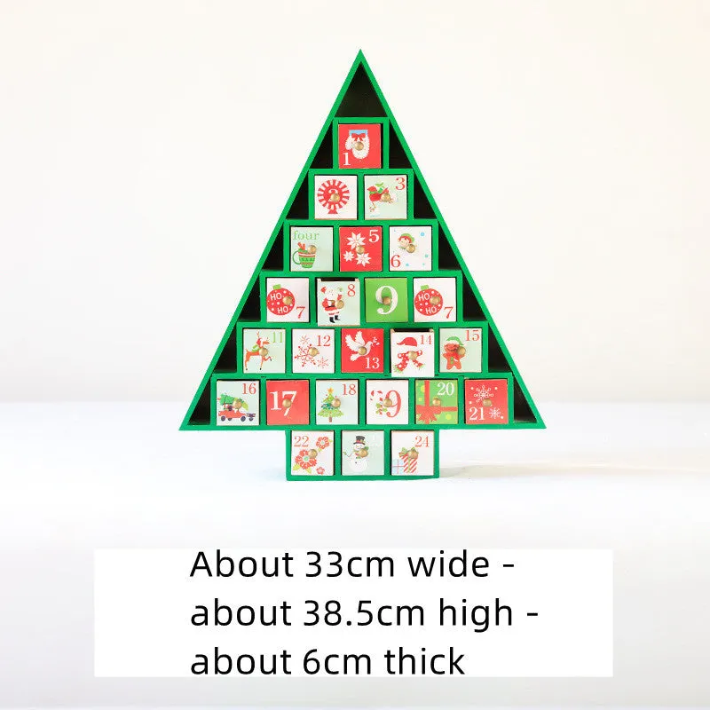 Wooden Christmas calendar with 24 red and green compartments for advent countdown, 37x32x6 cm