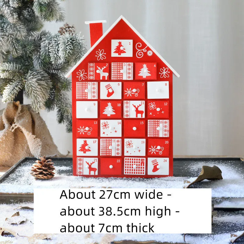 Wooden Christmas calendar with 24 red and green compartments for advent countdown, 37x32x6 cm