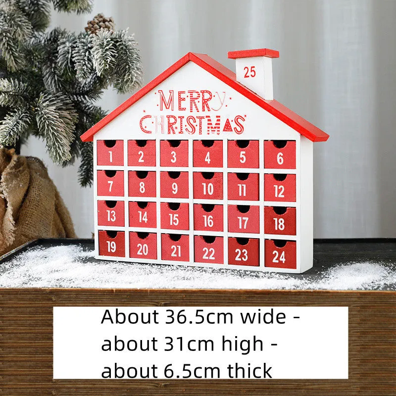 Wooden Christmas calendar with 24 red and green compartments for advent countdown, 37x32x6 cm