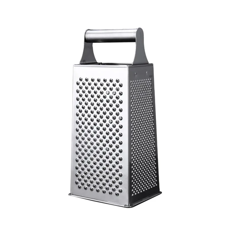 Multifunctional stainless steel vertical grater with cylindrical handle on a kitchen counter