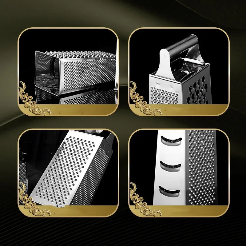 Multifunctional stainless steel vertical grater with cylindrical handle on a kitchen counter