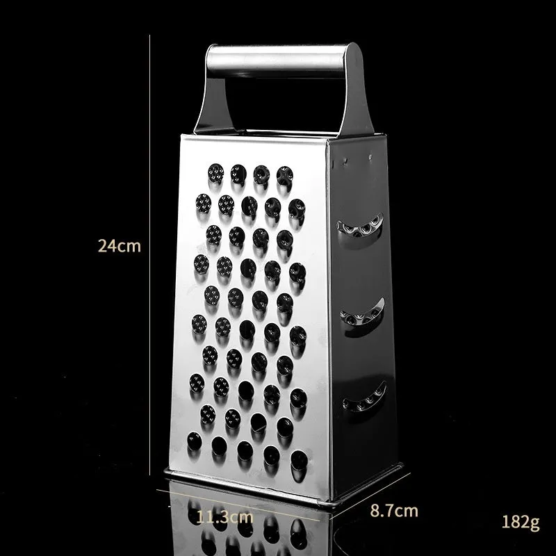 Multifunctional stainless steel vertical grater with cylindrical handle on a kitchen counter