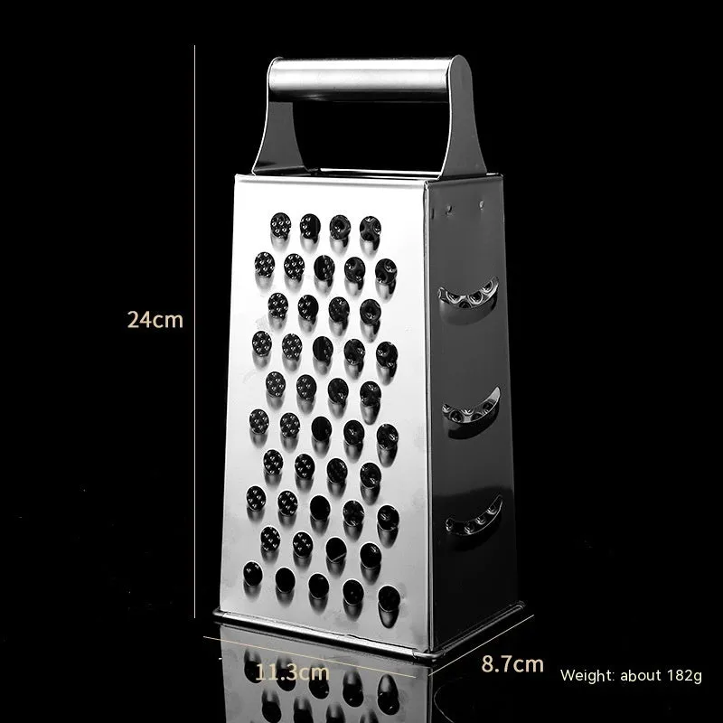 Multifunctional stainless steel vertical grater with cylindrical handle on a kitchen counter