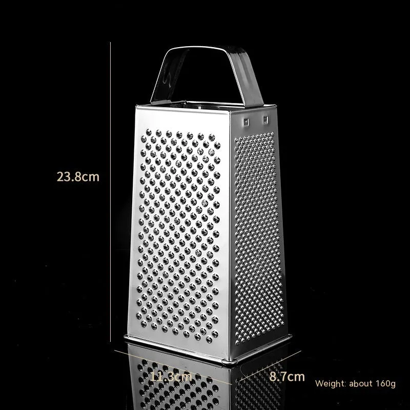 Multifunctional stainless steel vertical grater with cylindrical handle on a kitchen counter
