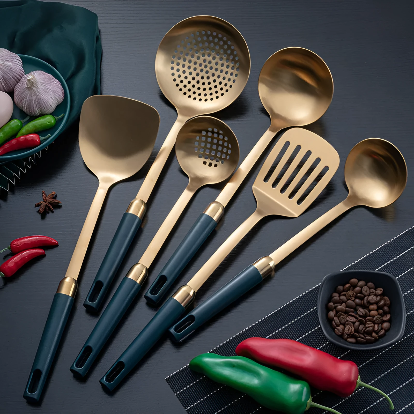 304 stainless steel kitchen utensils set with gold-plated hook frame, mirror polish finish, non-stick design