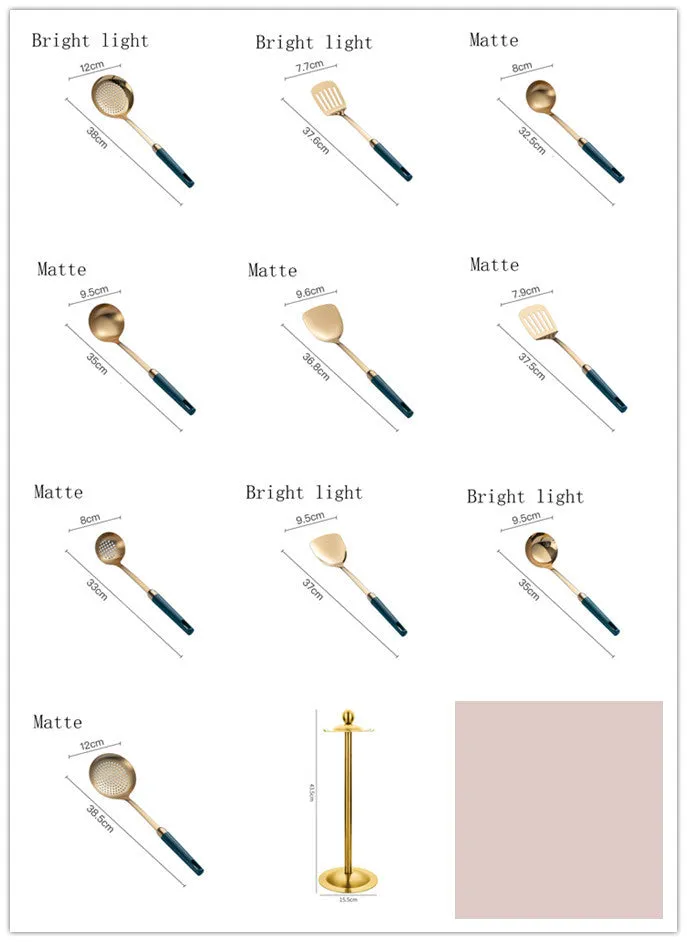 304 stainless steel kitchen utensils set with gold-plated hook frame, mirror polish finish, non-stick design