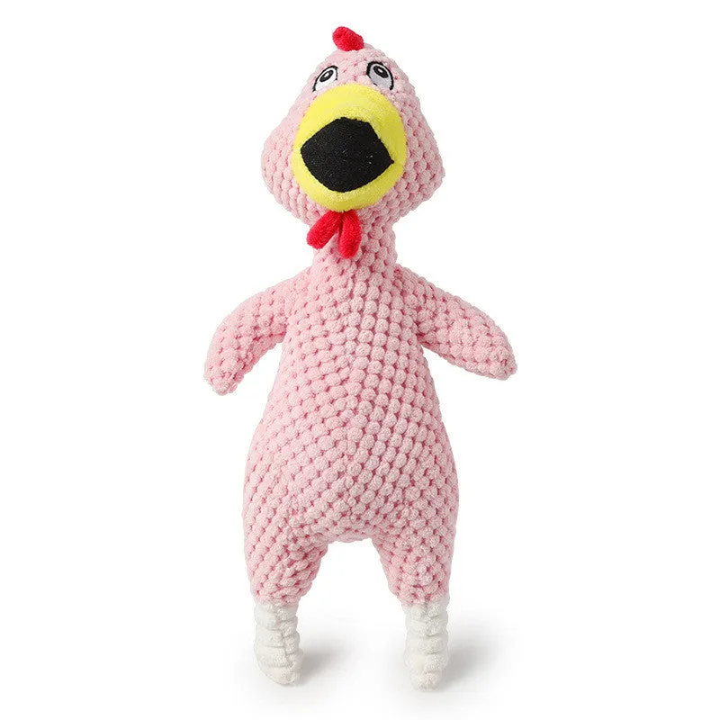 Pink pineapple velvet squeaky pet toy shaped like a chicken, 35cm long, on a white background