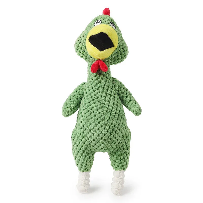 Pink pineapple velvet squeaky pet toy shaped like a chicken, 35cm long, on a white background