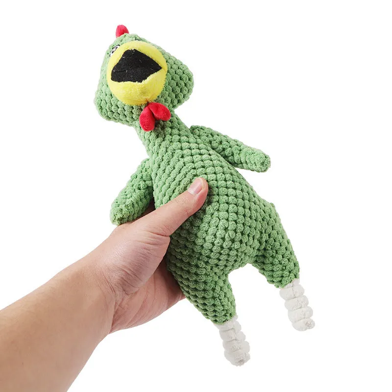 Pink pineapple velvet squeaky pet toy shaped like a chicken, 35cm long, on a white background