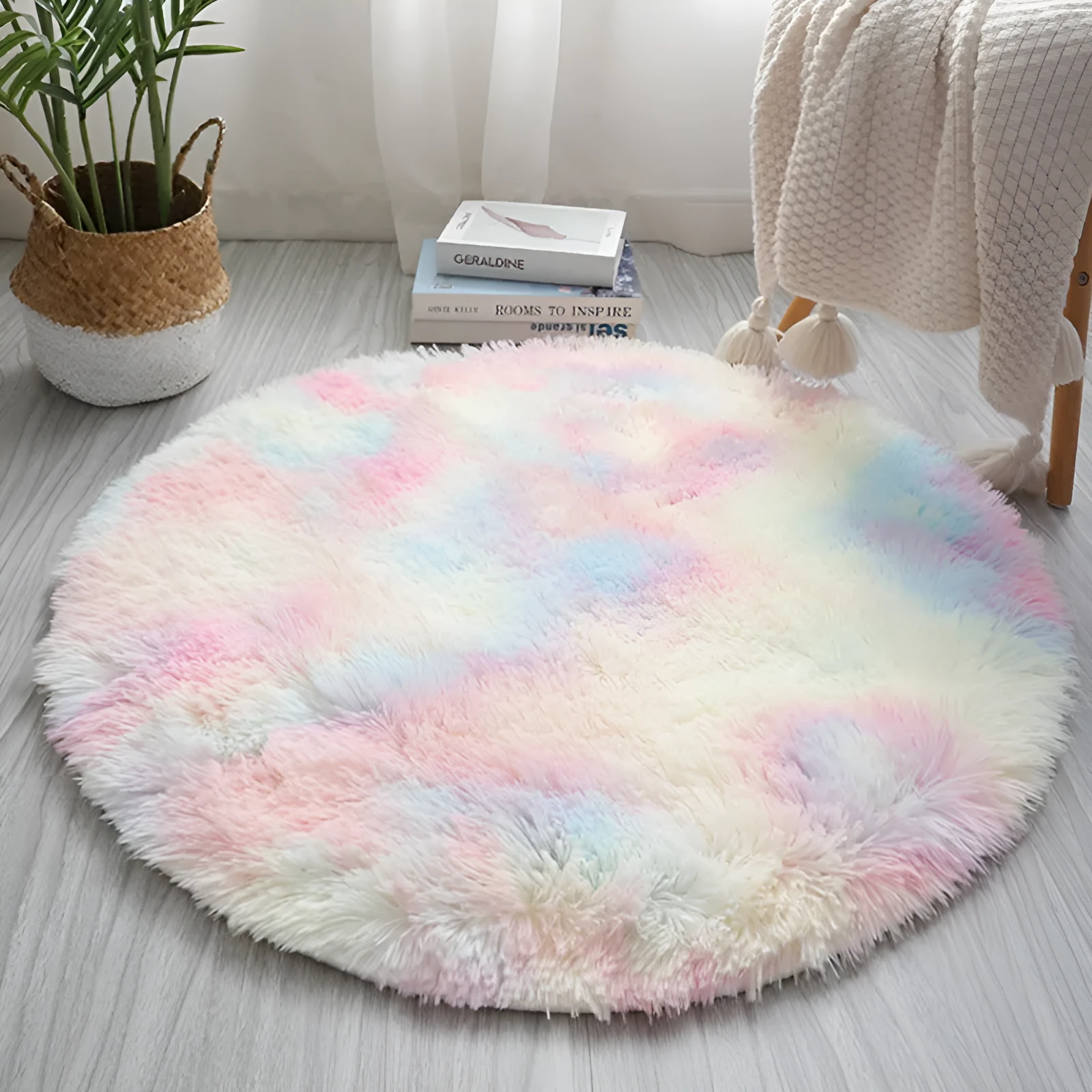 Round tie-dye rainbow polyester machine woven carpet, 60cm to 200cm diameter options, Nordic style