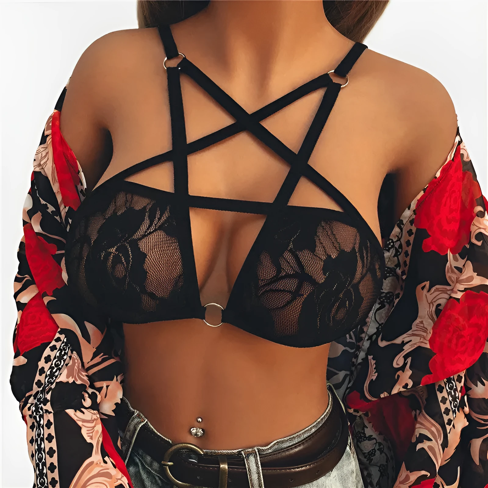 Gothic pentagram bra black lace vest style no steel ring fixed shoulder straps women 18-25