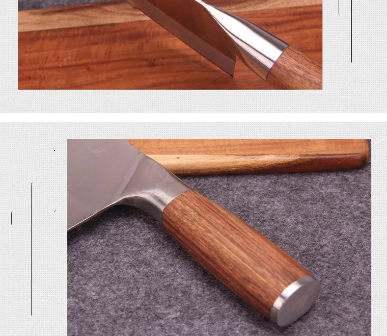 Stainless steel kitchen knife with 19.8cm blade, 60 degree edge, and yellow wooden handle on a cutting board