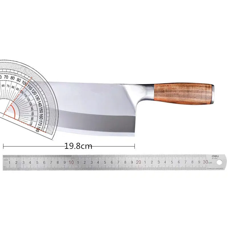 Stainless steel kitchen knife with 19.8cm blade, 60 degree edge, and yellow wooden handle on a cutting board