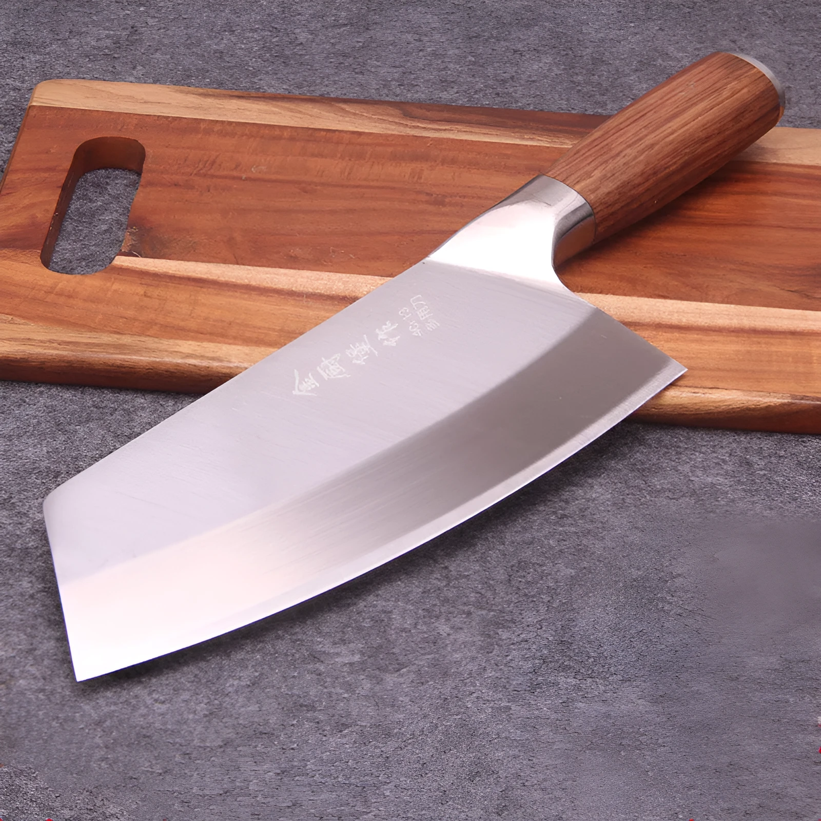 Stainless steel kitchen knife with 19.8cm blade, 60 degree edge, and yellow wooden handle on a cutting board