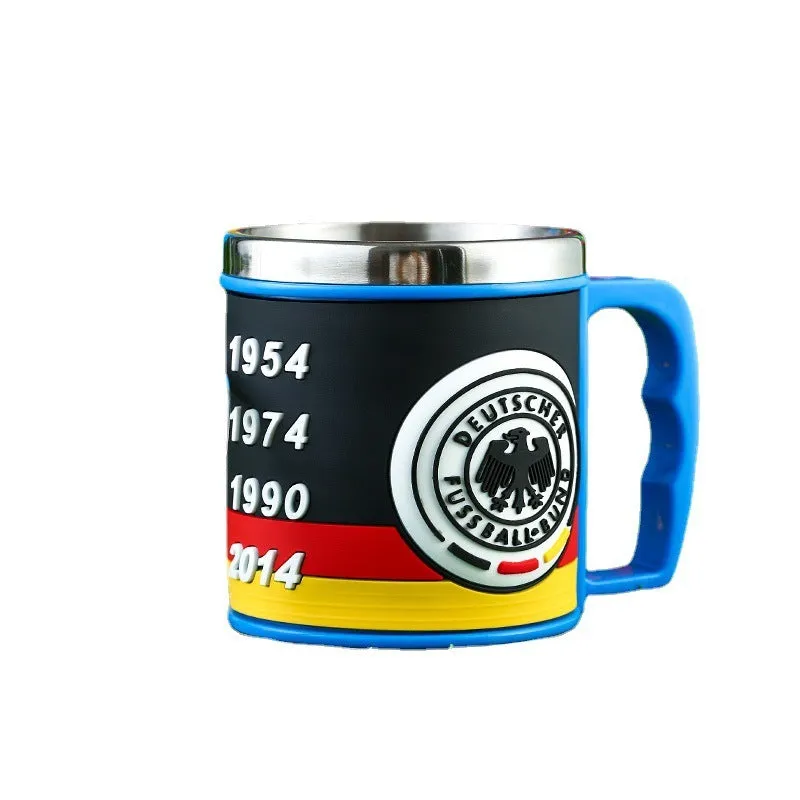 World Cup soccer mug souvenir, rubber and metal, 7.6cm diameter, team colour design