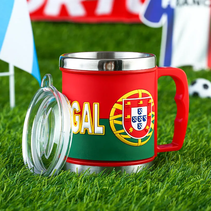World Cup soccer mug souvenir, rubber and metal, 7.6cm diameter, team colour design
