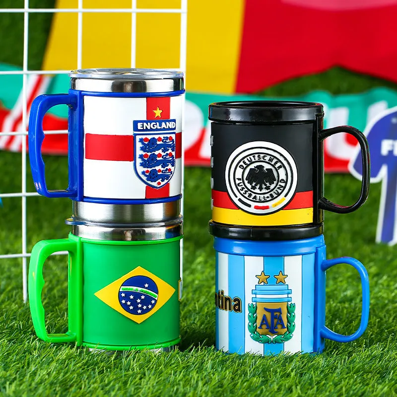 World Cup soccer mug souvenir, rubber and metal, 7.6cm diameter, team colour design