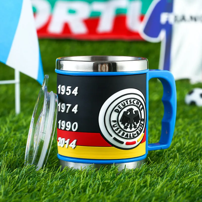 World Cup soccer mug souvenir, rubber and metal, 7.6cm diameter, team colour design
