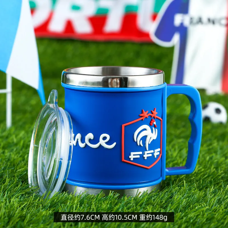 World Cup soccer mug souvenir, rubber and metal, 7.6cm diameter, team colour design