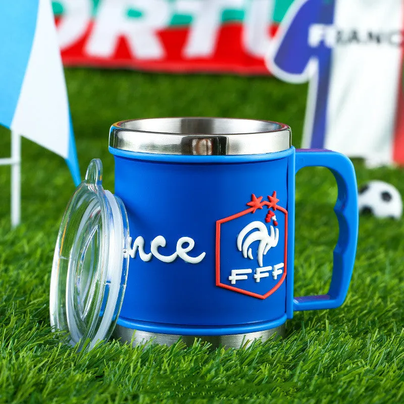 World Cup soccer mug souvenir, rubber and metal, 7.6cm diameter, team colour design