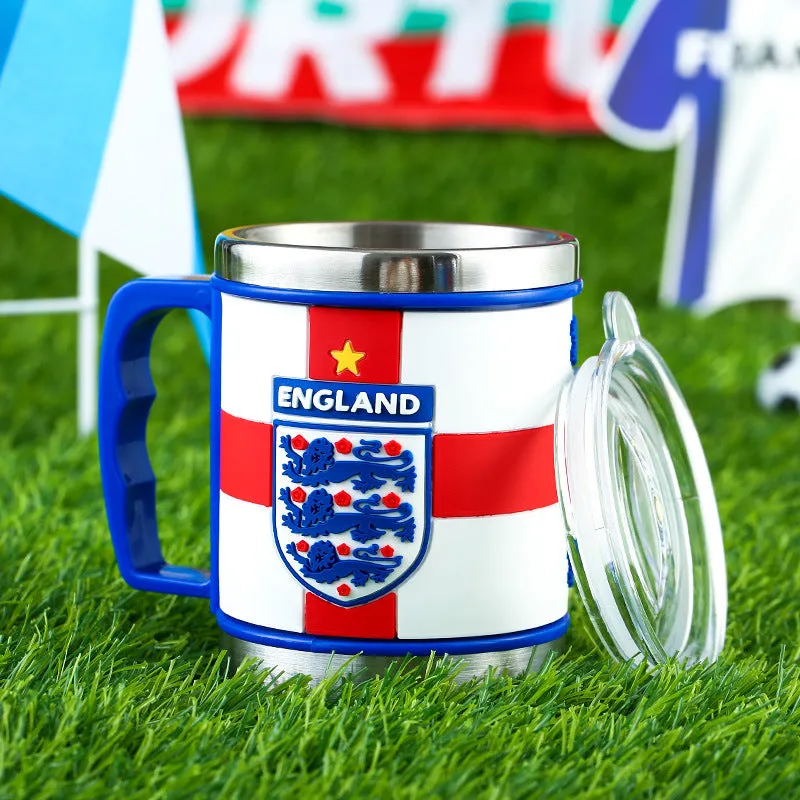 World Cup soccer mug souvenir, rubber and metal, 7.6cm diameter, team colour design
