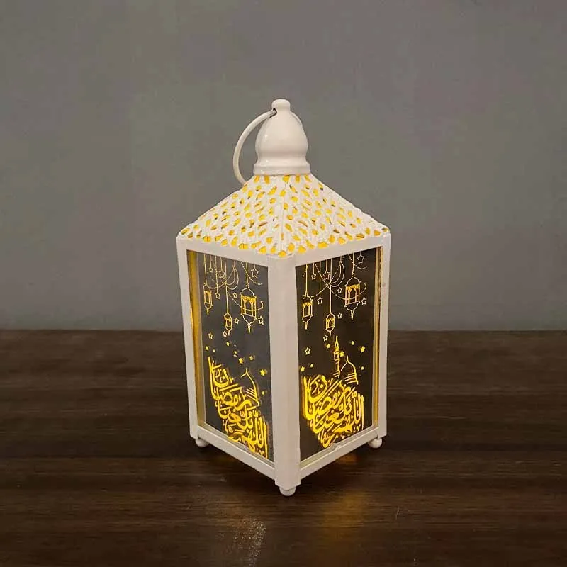 Eid Mubarak decor string lights with iron small wind lantern ornaments in gold and white, European calligraphy pattern