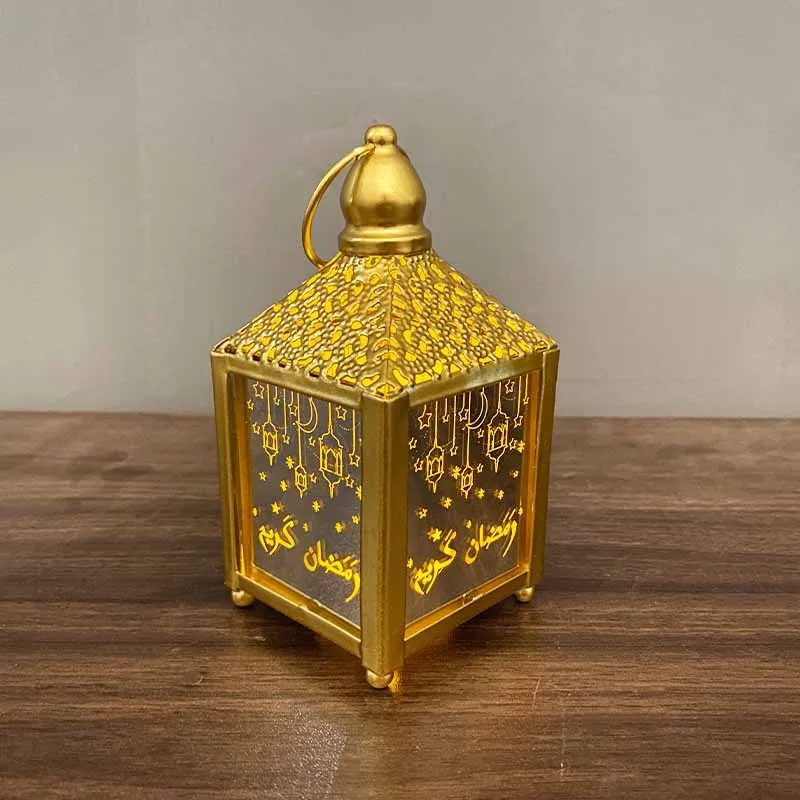Eid Mubarak decor string lights with iron small wind lantern ornaments in gold and white, European calligraphy pattern