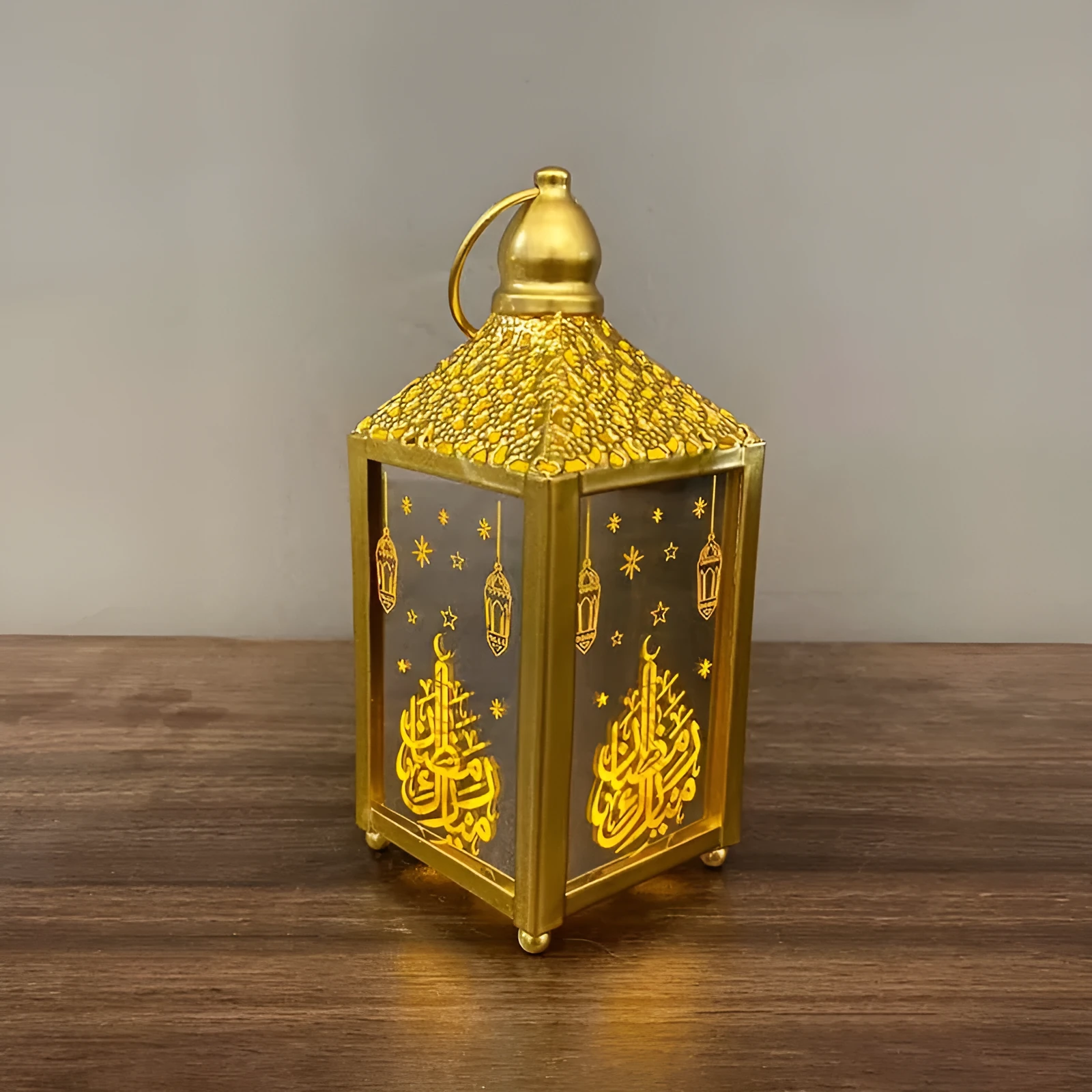 Eid Mubarak decor string lights with iron small wind lantern ornaments in gold and white, European calligraphy pattern