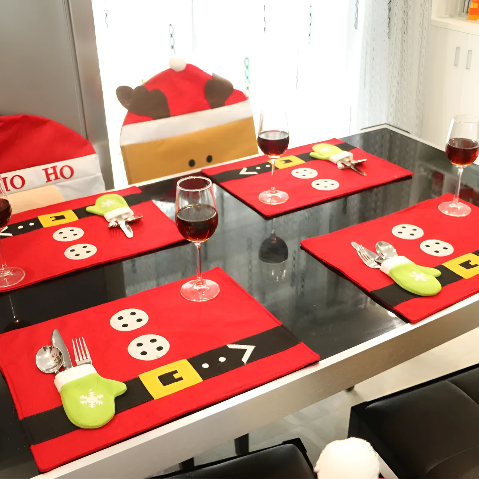 Red brushed fabric Christmas table mat 45x33cm on a dining table