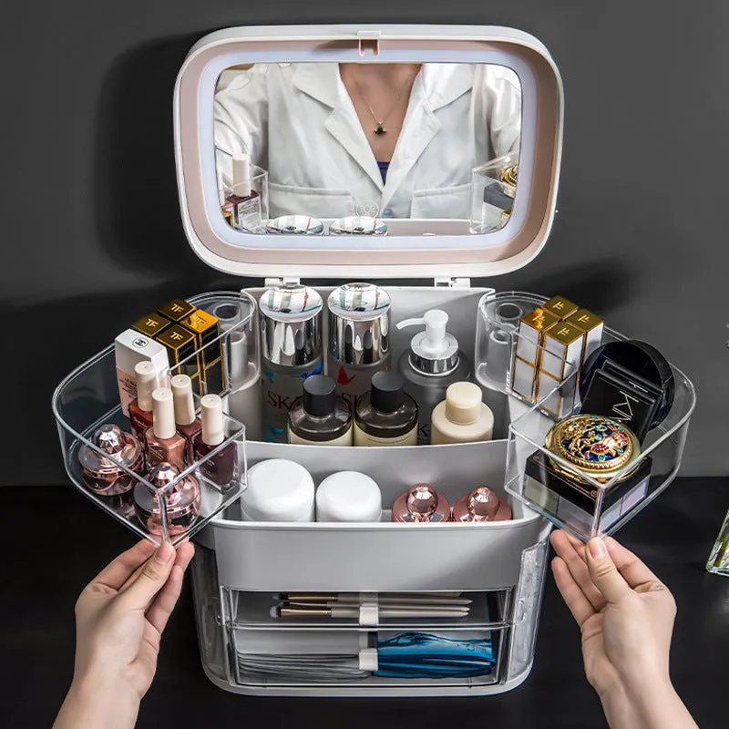 Large capacity makeup organizer with integrated LED mirror and jewellery rack in apricot colour