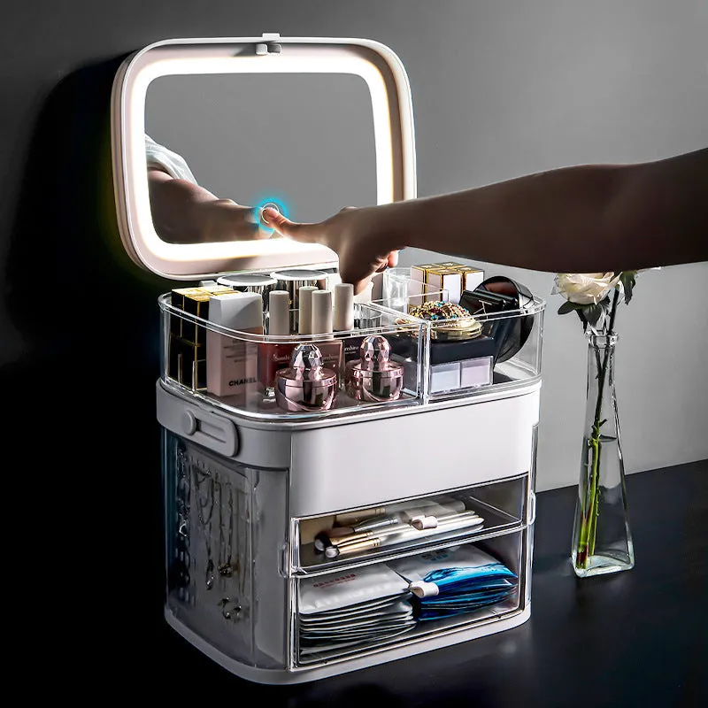 Large capacity makeup organizer with integrated LED mirror and jewellery rack in apricot colour