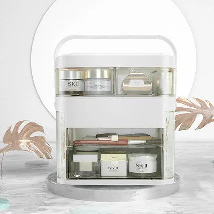 Large capacity makeup organizer with integrated LED mirror and jewellery rack in apricot colour