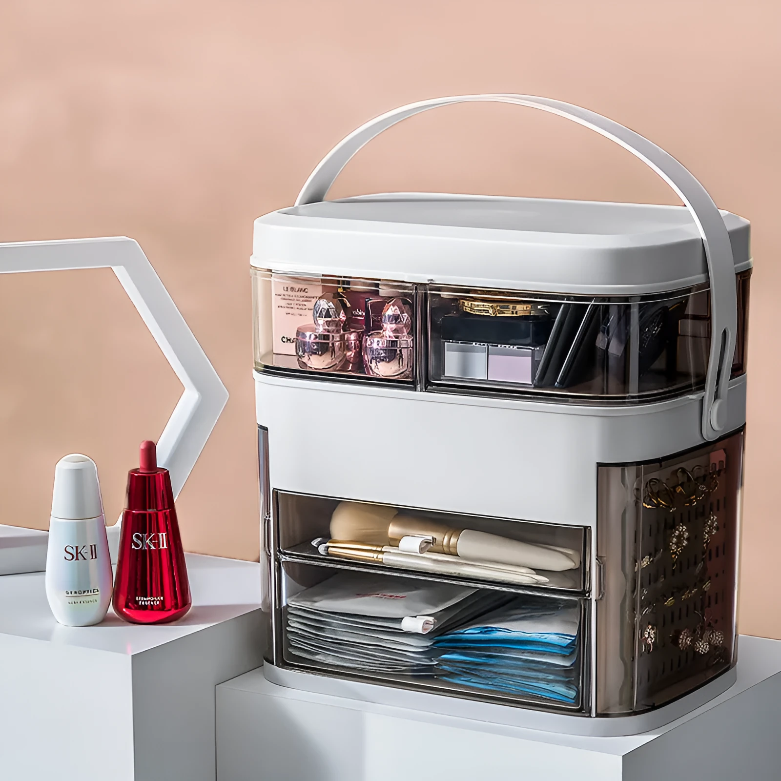 Large capacity makeup organizer with integrated LED mirror and jewellery rack in apricot colour