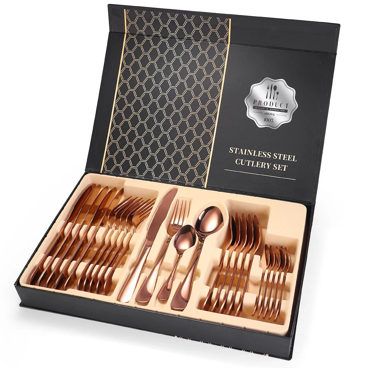 24 piece 18/10 stainless steel cutlery set with silver finish, includes knives, forks, and spoons for service of six
