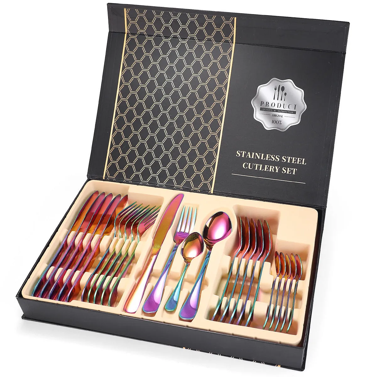 24 piece 18/10 stainless steel cutlery set with silver finish, includes knives, forks, and spoons for service of six