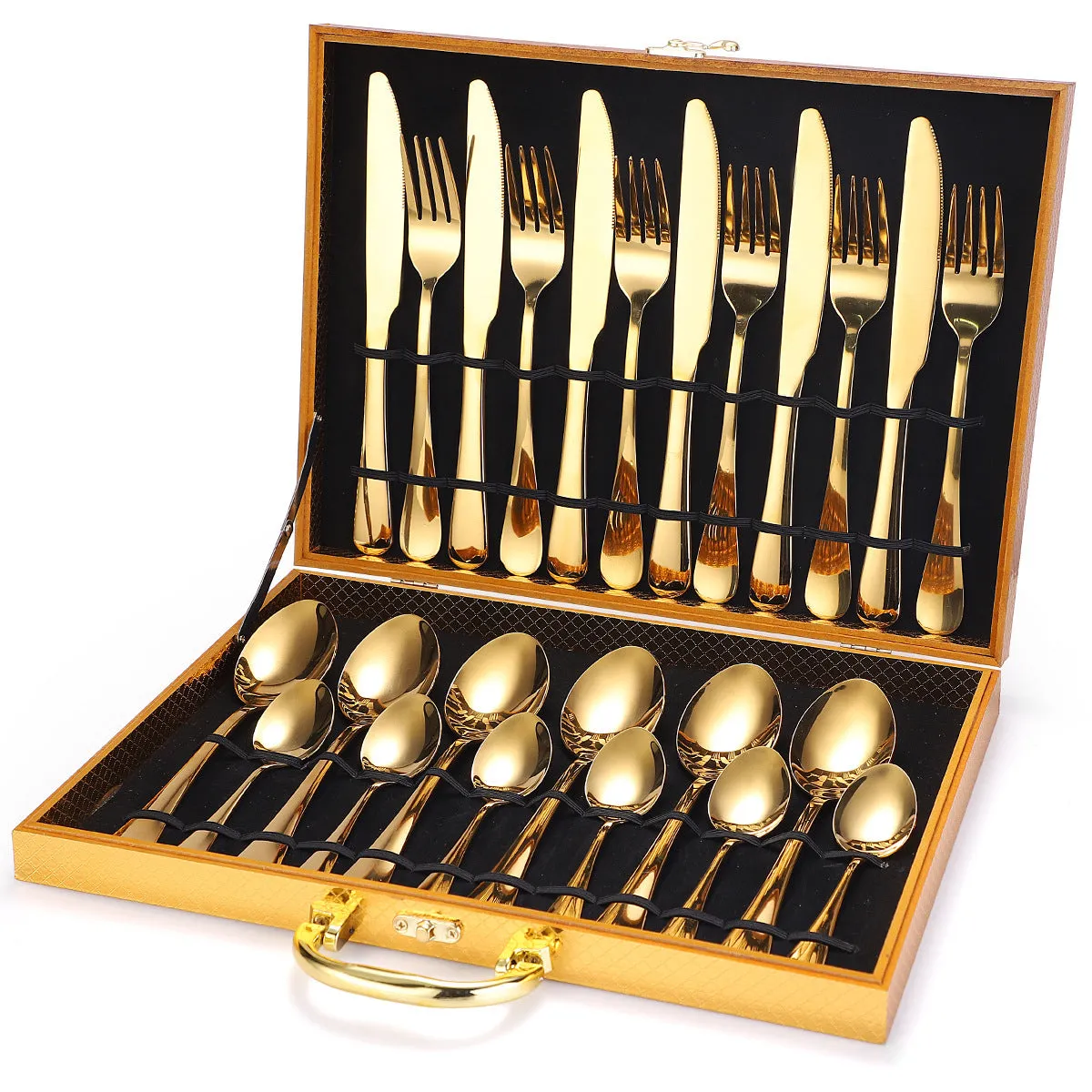 24 piece 18/10 stainless steel cutlery set with silver finish, includes knives, forks, and spoons for service of six