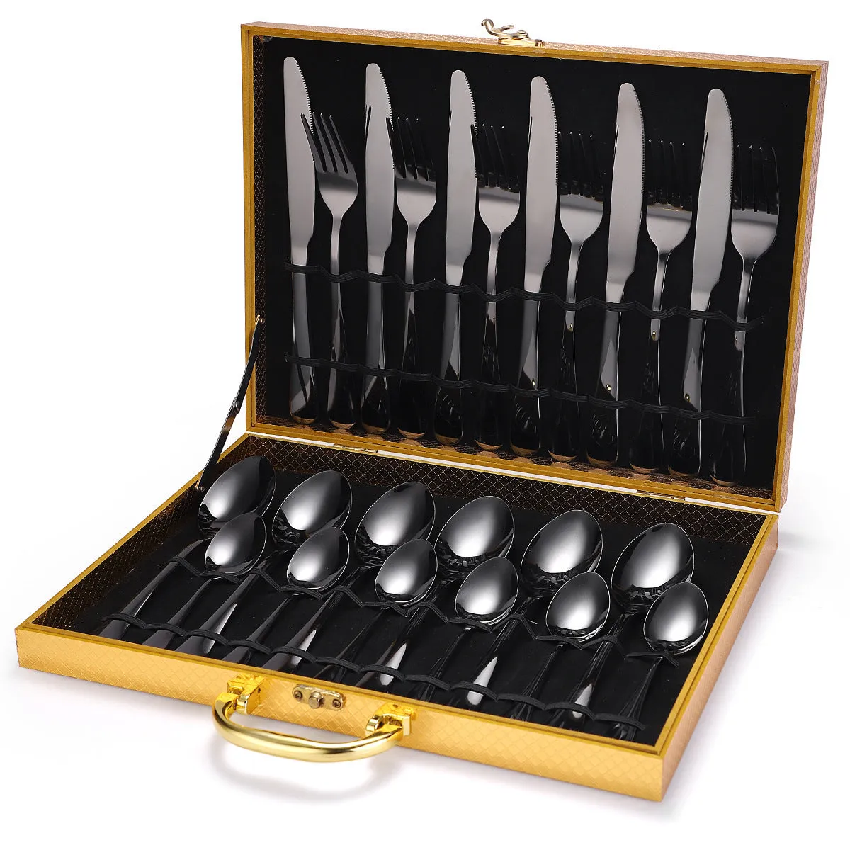 24 piece 18/10 stainless steel cutlery set with silver finish, includes knives, forks, and spoons for service of six