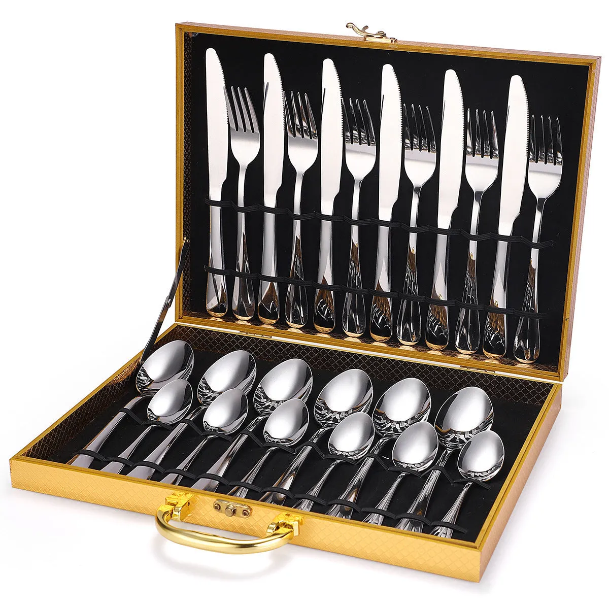 24 piece 18/10 stainless steel cutlery set with silver finish, includes knives, forks, and spoons for service of six