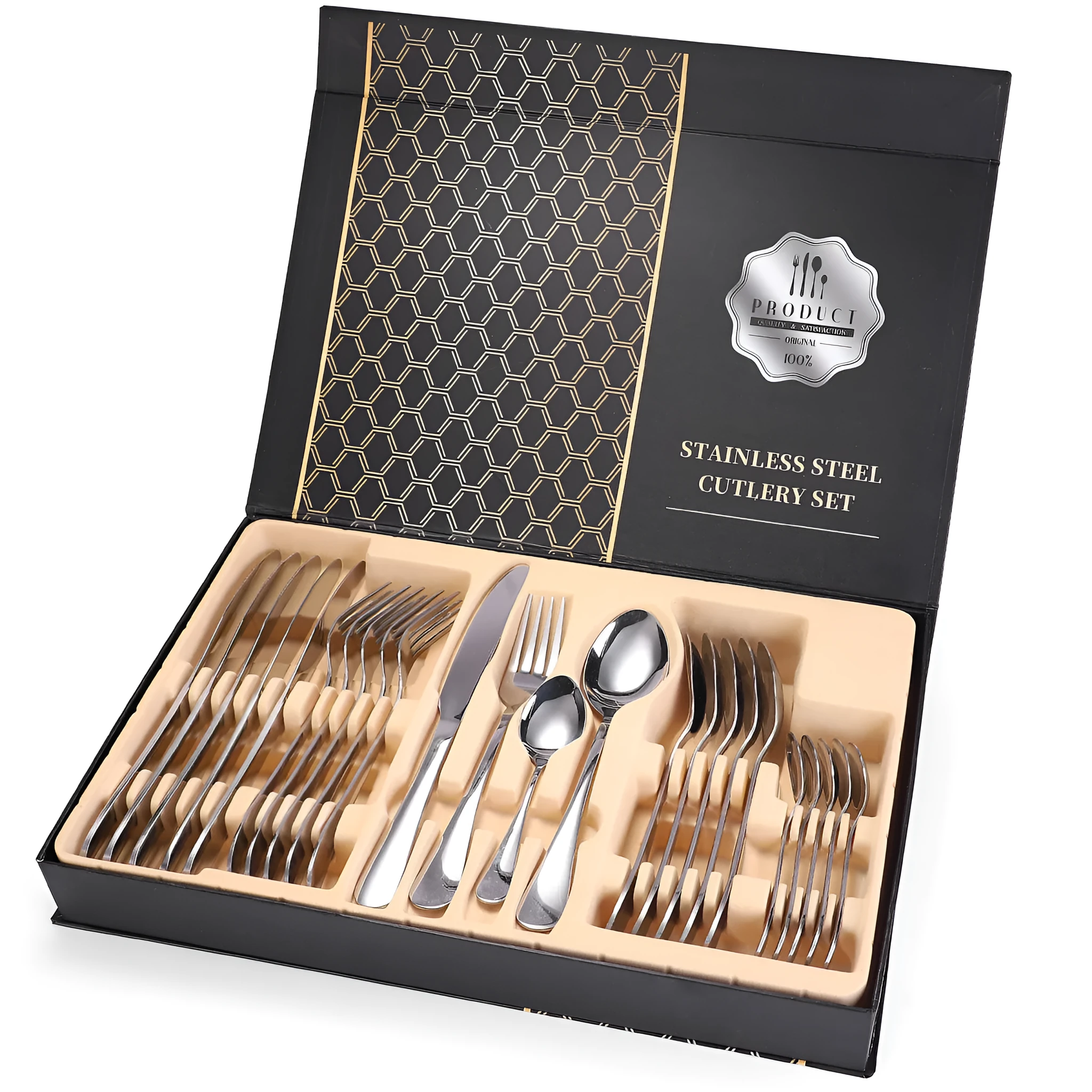 24 piece 18/10 stainless steel cutlery set with silver finish, includes knives, forks, and spoons for service of six