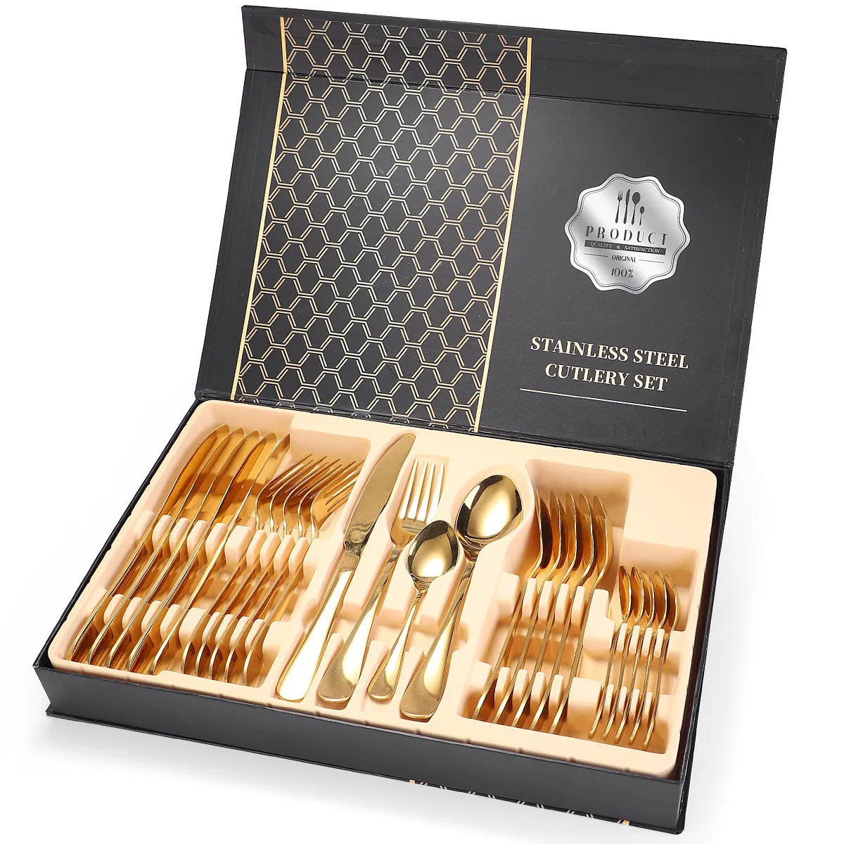 24 piece 18/10 stainless steel cutlery set with silver finish, includes knives, forks, and spoons for service of six
