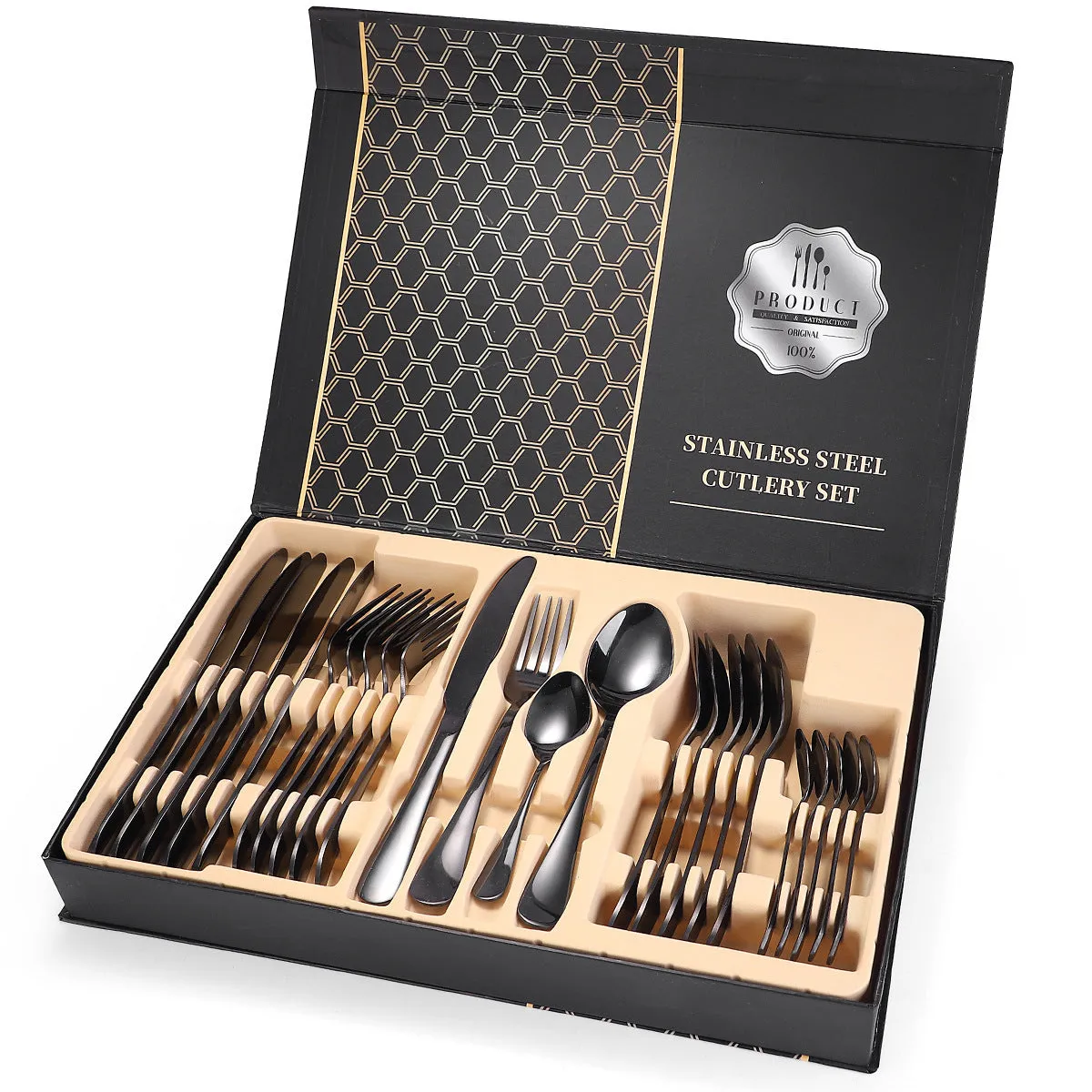 24 piece 18/10 stainless steel cutlery set with silver finish, includes knives, forks, and spoons for service of six
