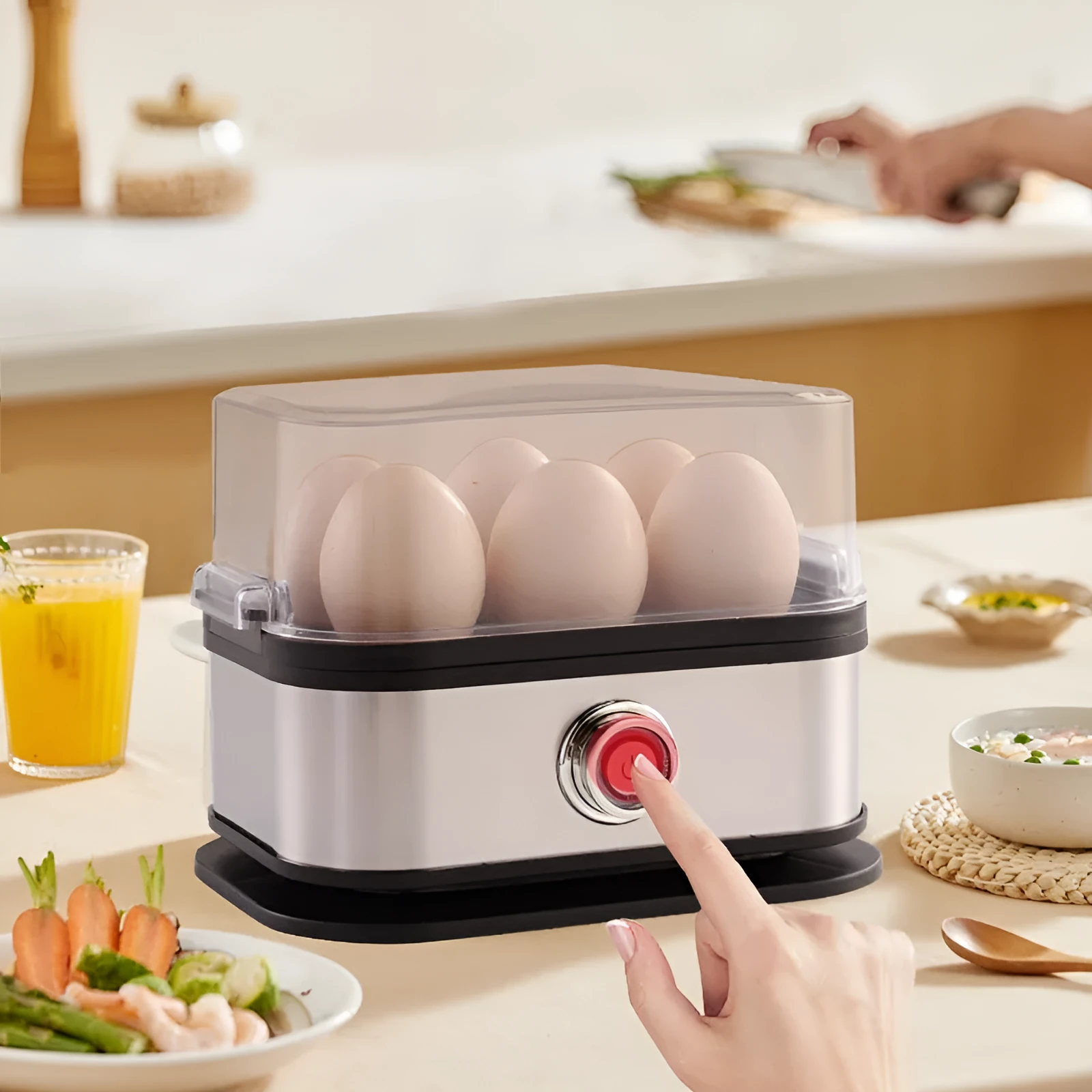 Black portable stainless steel egg boiler with carrying belt for travel and camping use