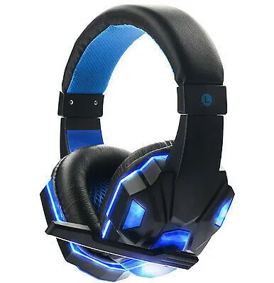 3.5mm gaming headset with microphone and LED lighting in blue colour on a black background