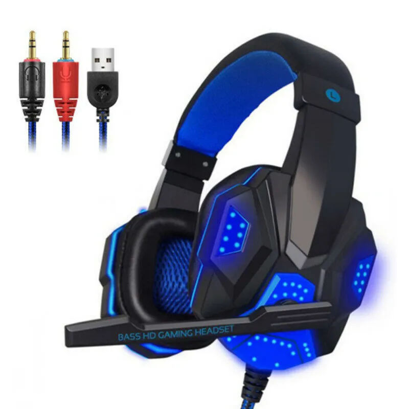 3.5mm gaming headset with microphone and LED lighting in blue colour on a black background
