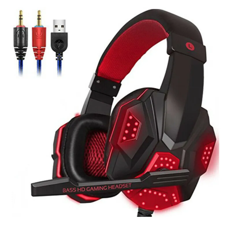3.5mm gaming headset with microphone and LED lighting in blue colour on a black background
