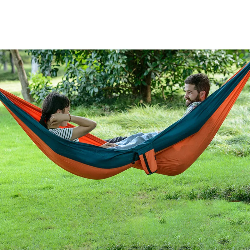Ultralight double person outdoor hammock in 340T tear-resistant pongee fabric with 260cm rope and metal buckle, available in green