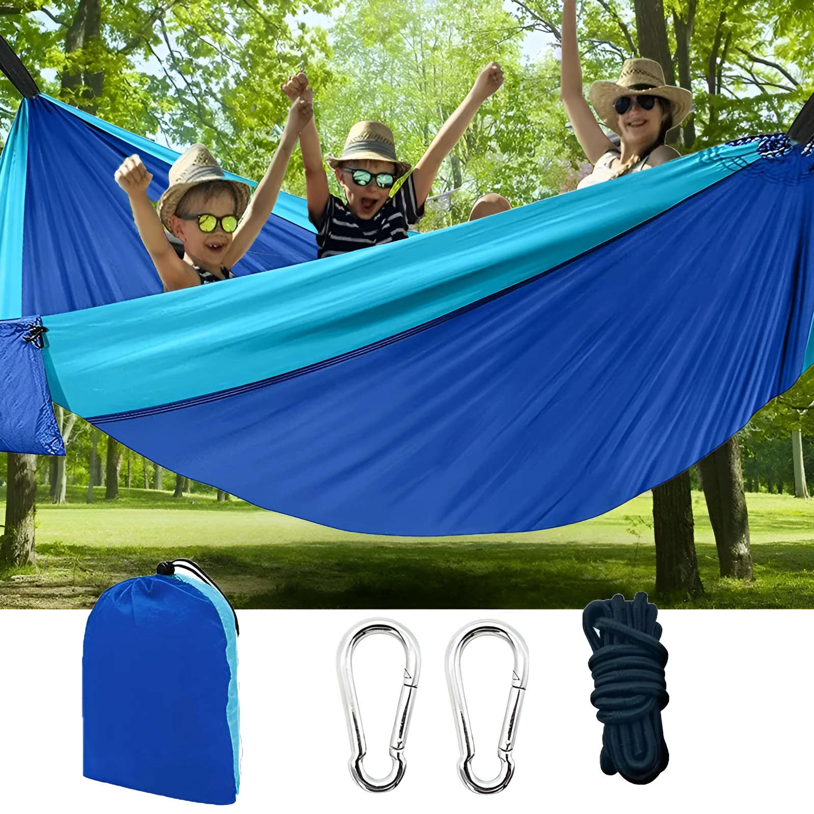 Ultralight double person outdoor hammock in 340T tear-resistant pongee fabric with 260cm rope and metal buckle, available in green