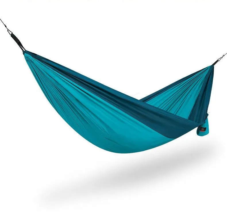 Ultralight double person outdoor hammock in 340T tear-resistant pongee fabric with 260cm rope and metal buckle, available in green