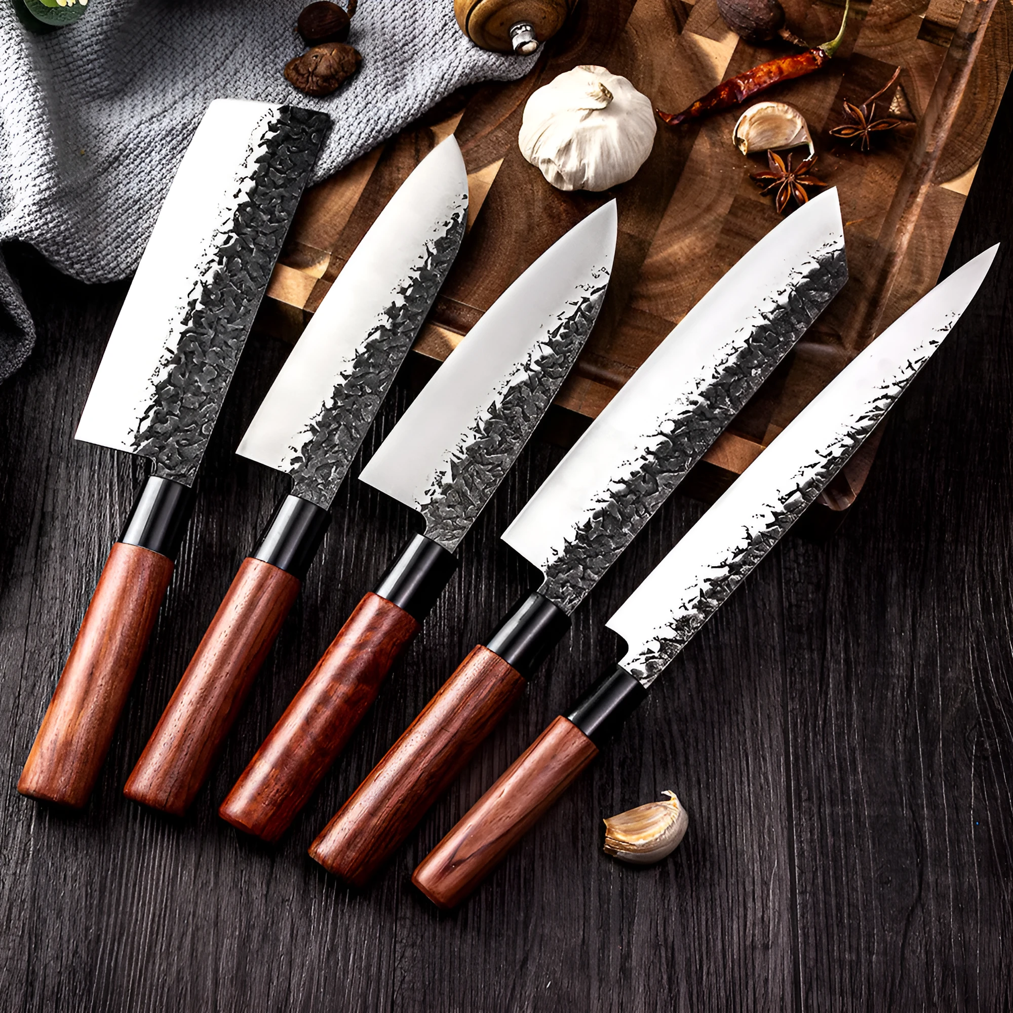 Handmade hammered forged stainless steel santoku chef knife with modern simple design and gift box packaging